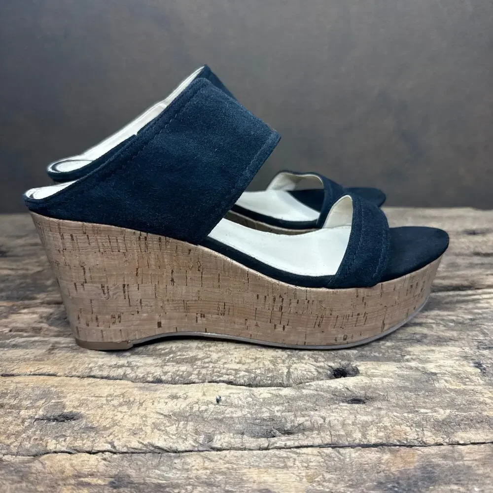 Marc Fisher Shelbee Navy Suede Cork Wedge Sandals Women’s 8.5M Leather Upper